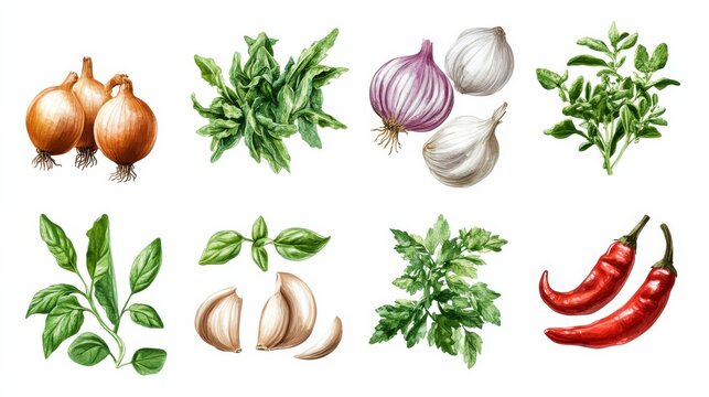 Watercolor Herbs and Spices Composition Onions, Garlic, Chili Peppers, Parsley, Basil, Sage, Botanical Illustration