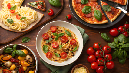 Assorted Italian Food Pizza and Pasta on Table