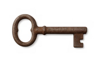 Studio shot of an old rusty key isolated on transparent background, ideal for concepts related to history, security, and mystery
