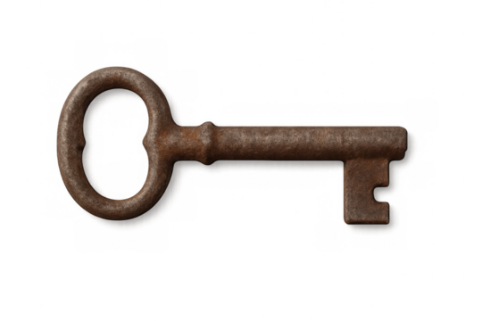 Studio shot of an old rusty key isolated on transparent background, ideal for concepts related to history, security, and mystery - Powered by Adobe
