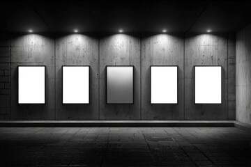 Five blank, illuminated frames on a concrete wall in a dimly lit space