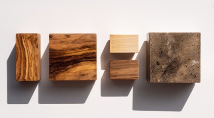 Five small, square and rectangular blocks of various wood and stone types, arranged on a white background, casting shadows