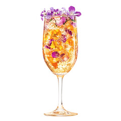 Elegant Glass of Sparkling Beverage Garnished with Edible Flowers and Fruit Pieces