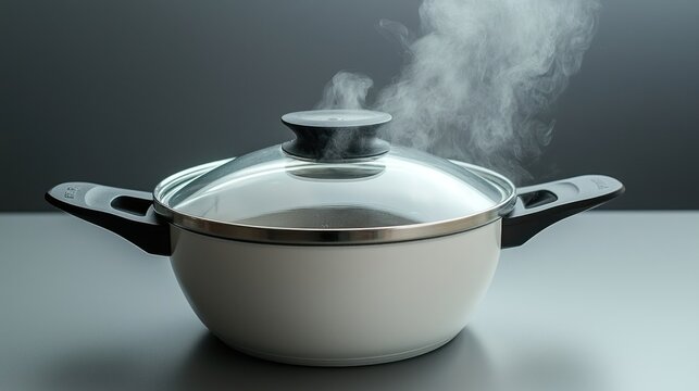 ooking pot lid slightly ajar with steam rising through the gap