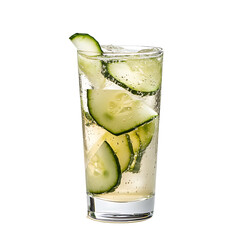 Refreshing Cucumber Drink in a Tall Glass with Ice and Slices of Cucumber