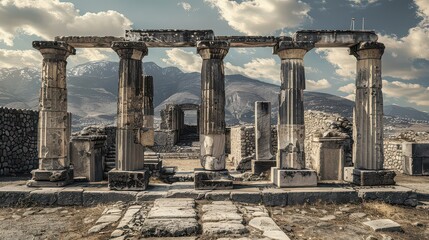 Ancient ruins with stone columns and archways against a mountain backdrop under a cloudy sky