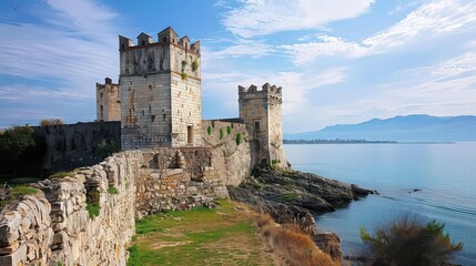 Stone castle towers along the coast with blue sky and water on a bright sunny day landscape view