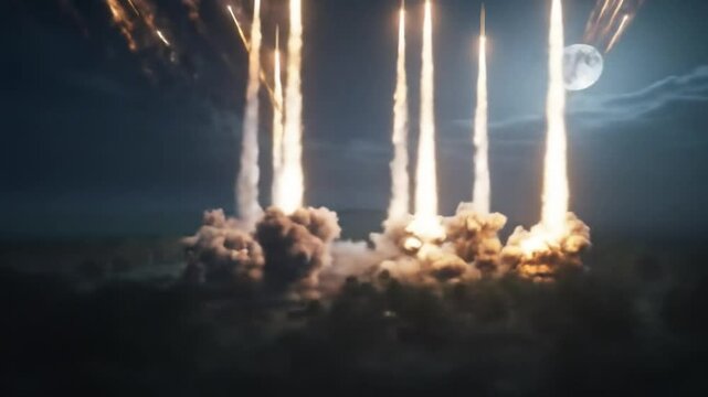 Dramatic Night Launch: Powerful Missiles Ascend Under the Moon's Gaze with Tanks Present