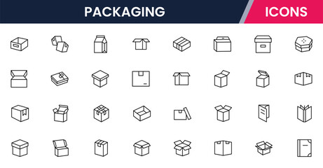 Vector illustration web line icon collection for packaging: boxes, bags, labels, and shipping symbols in a sleek, modern, and functional design style.
