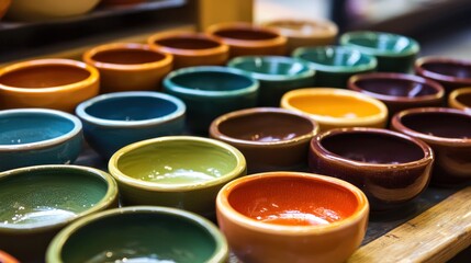 A variety of colorful ceramic bowls on display, showcasing a range of vibrant hues and textures.
