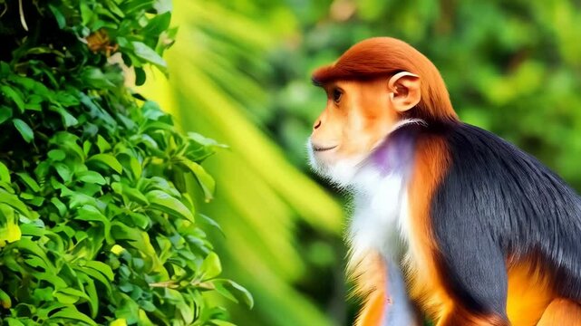 Close-up portrait of a Douc Langur monkey with its distinctive orange head, grey body, and white beard in a lush jungle