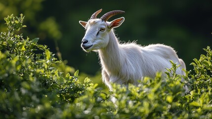 A white goat standing in a lush green field with a blurred background.