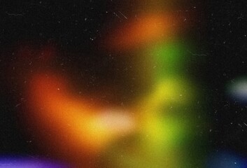 Grunge abstract dusty scanned old film texture overlay. Damaged grain screen gradient background. Orange blue green glitch noise on black scratched texture with dust. Leak flare light picture