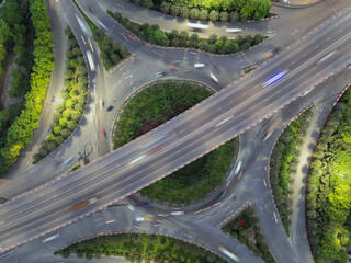 Aerial view of Long Bien - Road No. 5 intersection with elevated highway and circular traffic...