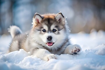 Naklejka premium Adorable alaskan malamute puppy playing in the snow