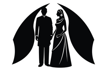 Traditional bengali wedding couple silhouette illustration