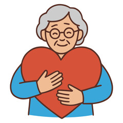 elderly woman hug big love heart flat color vector illustration template design