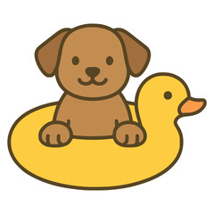 cute dog inside inflatable duck ring flat color vector illustration template design