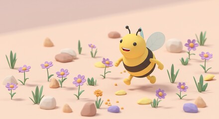 Obraz premium Flying Cartoon Bee Among Flowers and Rocks in a Field