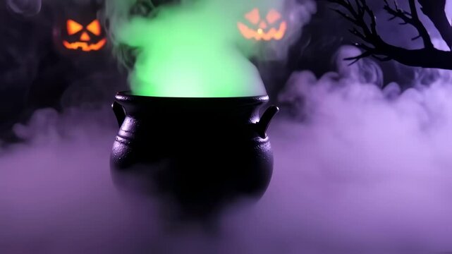 Spooky halloween cauldron bubbling with green potion and halloween jack o' lanterns