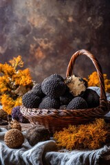 A rustic wicker basket overflows with dark, lumpy black truffles, nestled amongst muted yellow-orange flora on a textured surface