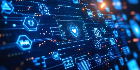 Abstract digital healthcare network. Data flows, icons, and a heart symbol represent innovation in medical technology.