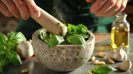 A person using a wooden pestle to grind fresh basil leaves in a mortar, with garlic cloves, olive oil, and pine nuts nearby for pesto