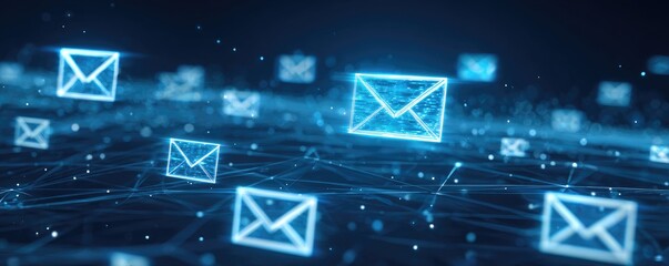 Glowing email icons flow across a digital network, representing global communication and data transfer