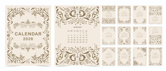 2026 table monthly calendar week start on Sunday with art deco flower that use for vertical digital and printable A4 A5 size