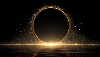 Glowing golden ring, reflecting on dark water, surrounded by shimmering dust particles, creating a luxurious, elegant, and mysterious atmosphere