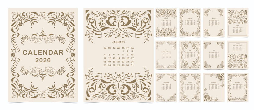 2026 table monthly calendar week start on Sunday with art deco flower that use for vertical digital and printable A4 A5 size - Powered by Adobe