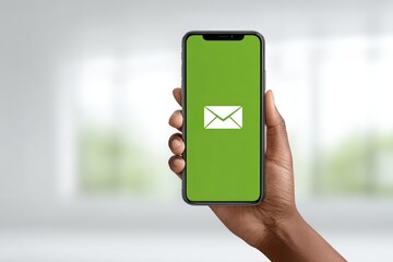 Hand Holding Smartphone With Email Icon on Green Background