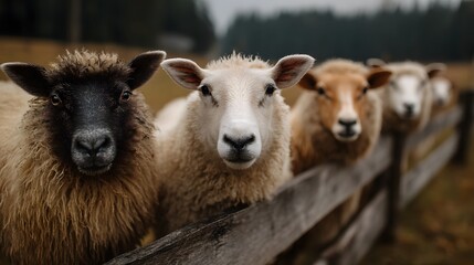 Obraz premium Flock of sheep lined up along a wooden fence in the countryside