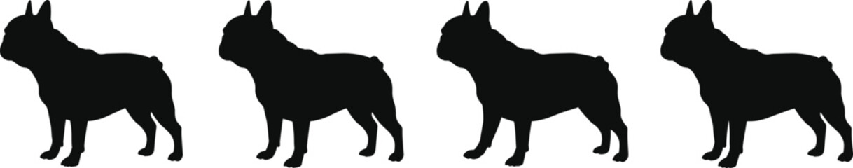 Silhouette of standing French Bulldogs in profile view, black dog illustration set, pet animal design, isolated vector artwork for dog lovers, canine collection on white background