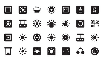 Set of Black and White Simple Flat Icons Representing Power and Brightness Settings, A collection of simple, black silhouette icons representing various power and brightness settings vector art