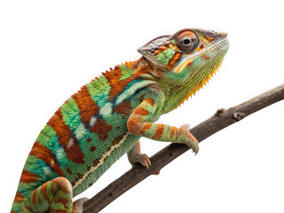 Fototapeta premium Vibrant Panther Chameleon perched on a branch, exotic reptile, close-up view, tropical wildlife, detailed texture, vivid colors, reptile photography, nature
