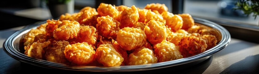 Greasy bites snack with taste and salt overload concept. Delicious golden fried bites served on a black platter.