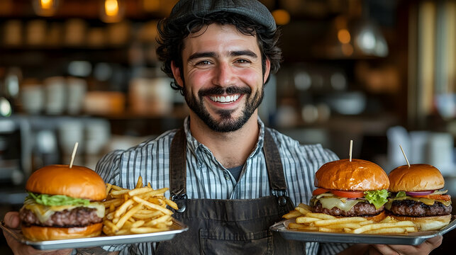 Smiling person serving burgers and fries - Powered by Adobe