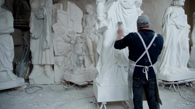 Sculptor working on marble statue in workshop, classical art production process