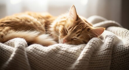 Ginger cat peacefully sleeps on a textured cream blanket in soft, natural light