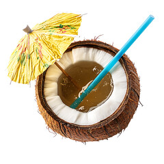 Coconut Drink with Blue Straw and Yellow Umbrella