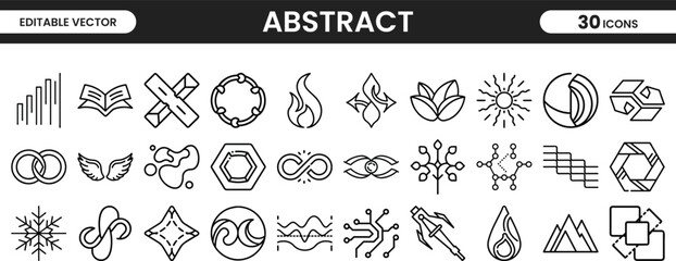 Minimal abstract line icons collection featuring geometric, floral, and circuit-inspired vector shapes for modern digital interface and branding use.