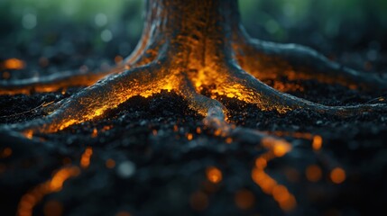 A mystical tree's roots glow with a fiery, hidden energy, revealing the powerful life force drawn from the earth below