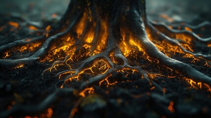 A mystical tree's roots glow with a fiery, hidden energy, revealing the powerful life force drawn from the earth below