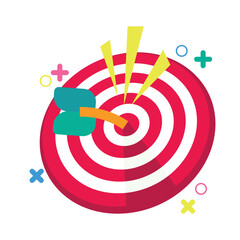 Flat vector illustration of a colorful target icon in cute style with arrow hitting center. Great for symbolizing goals, success, focus, or strategy in modern UI, business, or infographic elements.