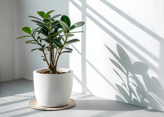 Minimalist houseplant in modern white pot with soft shadow and transparent background, ideal isolated element for interior decor, mockups, digital design, or home layout visualizations

