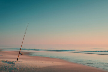 Lone fishing rod planted in quiet beach sand at sunrise under pastel sky, angled toward the ocean with open composition and early light — perfect for solitude-themed visuals, design overlays, or brand