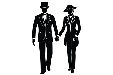 Vintage groom in classic suit and hat holding a hand