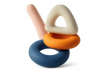 Modern abstract composition balancing geometric shapes like torus, triangle and cylinder on transparent background, creating a playful and artistic arrangement