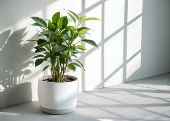 Fototapeta premium Minimalist houseplant in modern white pot with soft shadow and transparent background, ideal isolated element for interior decor, mockups, digital design, or home layout visualizations 